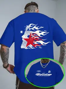 Hell Star Flame Pattern Loose T-Shirt, Round Neck, Unisex Y2K Street Style, Streetwear, Vintage Ripped Print, Bold Fire and Stars Design, Casual Fit