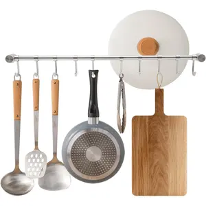 Kitchen Hanging Racks 304 Stainless Steel 20 Inch Rail Utensil Storage Hanger with 10 Pcs Noiseless Sliding Hooks, Wall Mounted Rod Holder for Pots Pan Spatula Spoon Cookware Mug Cup (Silver) Organiser Round Decorative Installation