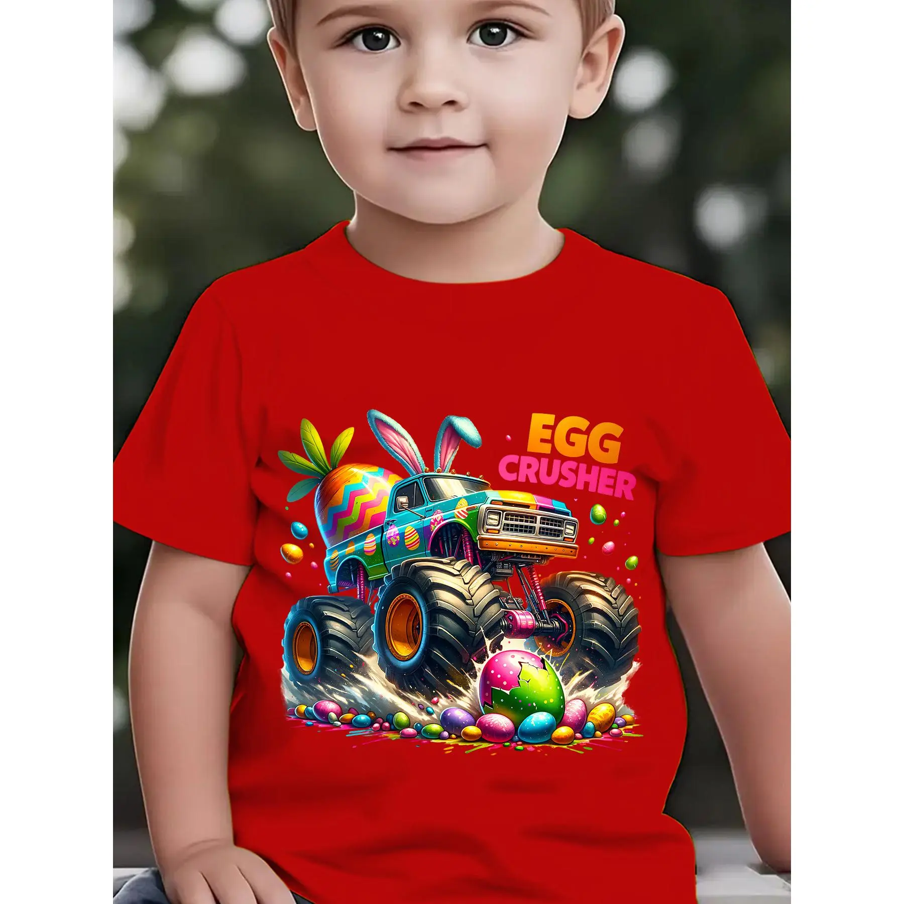Boys' Cotton Crew Neck Graphic T-Shirt - Easter Theme, Egg Crusher Truck, Bunny Ears & Carrot Print, Short Sleeve, All Seasons, Easter Egg Hunt Outfit, Casual Top NY-DX5411