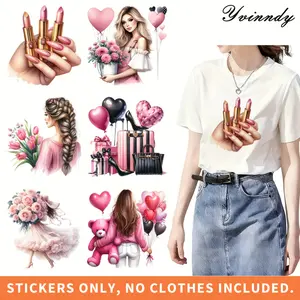6 pcs/set Fashion Valentine's Day Theme DTF Heat Transfer Stickers, Washable UV Heat Transfer Vinyl Patches, DIY Decorative Stickers for Clothing, T-Shirts, Pillows, Canvas Bag Decoration.