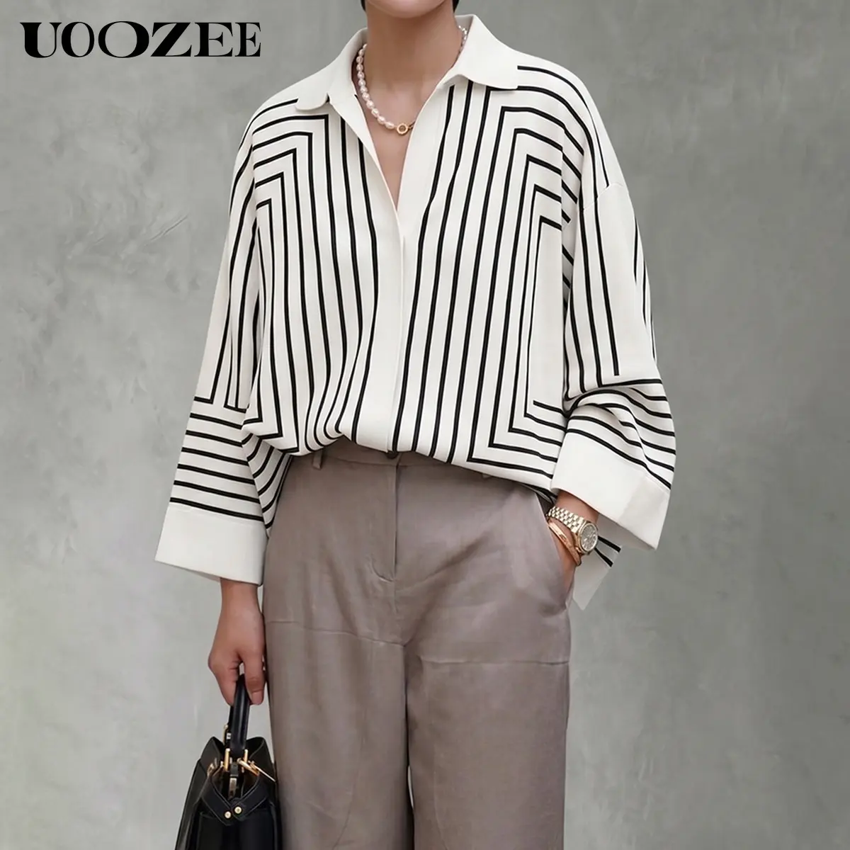 UOOZEE Women's Collared Long-Sleeve Workwear Blouse - 100% Polyester Black Smooth Chic Minimalist Art Deco Geometric Oversized Stripe Button-Down Tops, Loose Lightweight All-Season High-Low Hem 1-Piece Shirt (Size Down for Slim Look) Statement Design