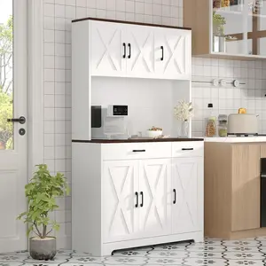 Kitchen Pantry Cabinet with Charging Station, White Farmhouse 71" Tall Cupboard Hutch Buffet Cabinet with Microwave Stand and Drawers for Dining Room Living Room