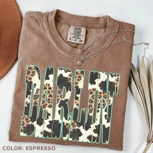 Comfort Colors Darlin Retro Western Tshirt, Cowhide Leopard Cowgirl Tee, Retro Vintage Western Tshirt, Ranch Cowgirl Tee, Trendy Western