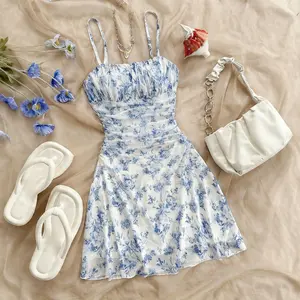 Women's Spaghetti-Strap Floral Print Halter Dress, Skinny-Fit Polyester Fabric, Elegant New Sports Dress Suitable for 2-3 Seasons