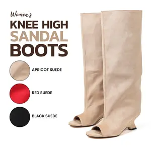 Sandal Boots For Women Knee High Boot Open Toe Block Heel Pull On Comfortable Fashion Party Date Event Office Casual Slouchy Long Booties