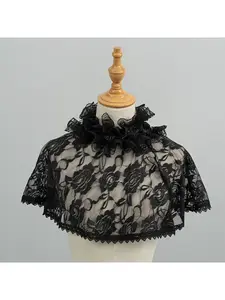 New lace detachable collar shawl for women, vintage ruffled wedding accessories, white and black mesh capelet outerwear
