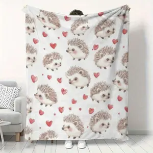 1pc Hedgehog & Red Hearts Flannel Blanket - Cozy Bedspread/Comforter, Cute Hedgehog With Red Hearts, Soft Warm Bedspread Suitable Couch, Bed,, Dorm - - Bedding Accessory, Birthday Mother's Day Size 70x140cm/27. 56x55. 12 In
