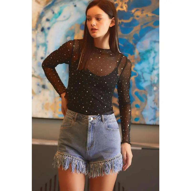 black rhinetsone halter neck top - TikTok Shop