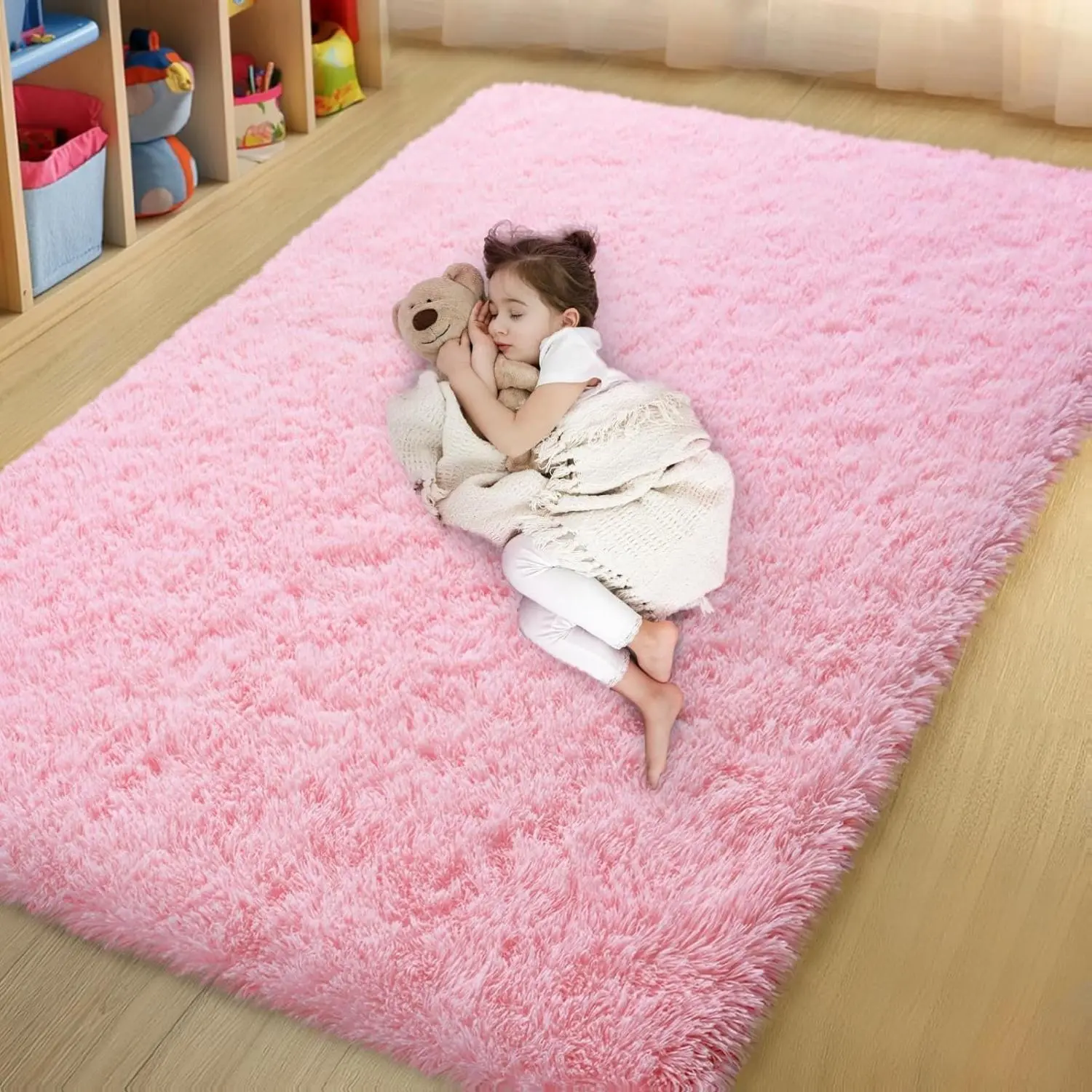 Pink Fluffy Shag Area Rug – 4x6 Soft Plush Carpet for Bedroom or Dorm non-slip