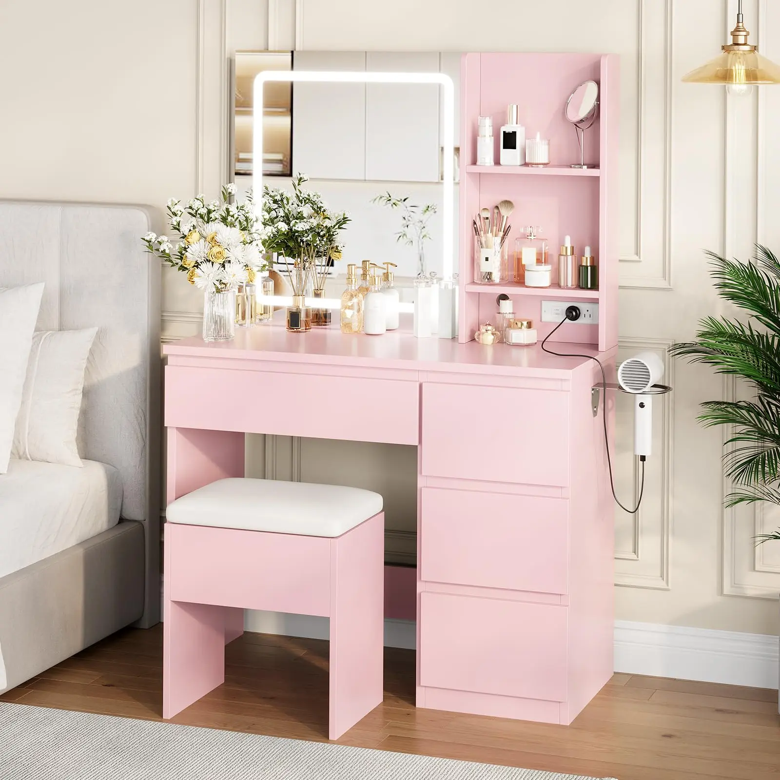 Garvee  Wooden Makeup Vanity Desk with Lighted Mirror, Dressing Table Set with 4 Drawers, Power Outlet, Storage Stool, and Adjustable 3-Color Vanity Mirror Lighting in Pink