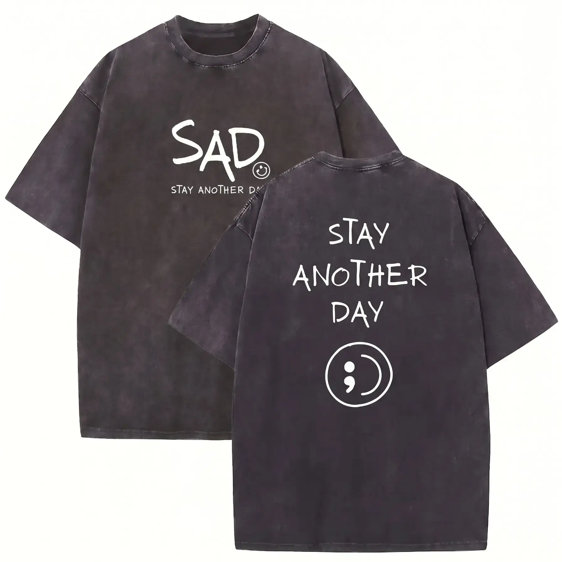 Vintage Washed Black SAD Graphic T-Shirt, Stay Another Day Emotional Quote Print Tee, Minimalist Streetwear Cotton Shirt, Oversized Casual Top with Aesthetic Design for Men Women, Mental Health Support Style & Everyday Wear