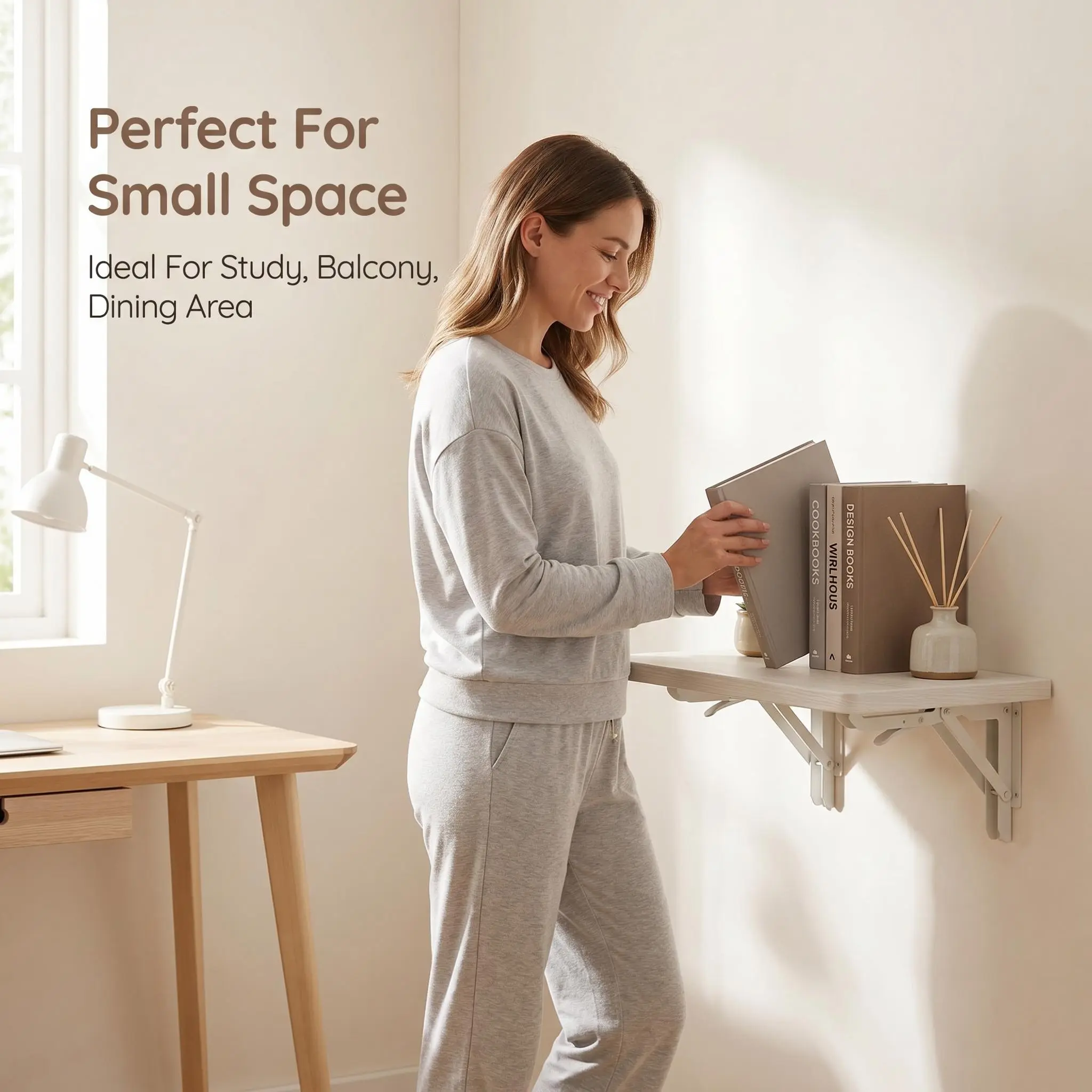 Foldable Wall Mounted Shelf – No Drill Space Saving Storage, Solid Wood Floating Shelf with Metal Bracket for Small Rooms