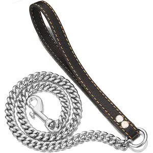 BigDogGear 47" Heavy Duty Anti-Chew Dog Leash - Steel Chain with Leather Handle for Giant Breeds, Ultra Strong Training Lead for Aggressive Chewers