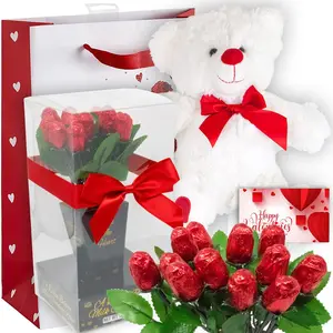 Valentine's Day Gift Basket | Teddy Bear Plush 11 Inches, Dozen Belgian Milk Chocolate Flower Roses Bouquet, Gift Bag & Card | For Her Wife Girlfriend Mother Daughter (Love) Box Window