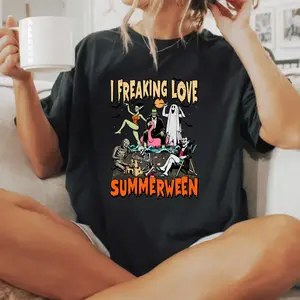 Men's Ribbed Cotton Printed T-Shirt - Lightweight Fit, Halloween Beach Monsters Design, Summerween Themed