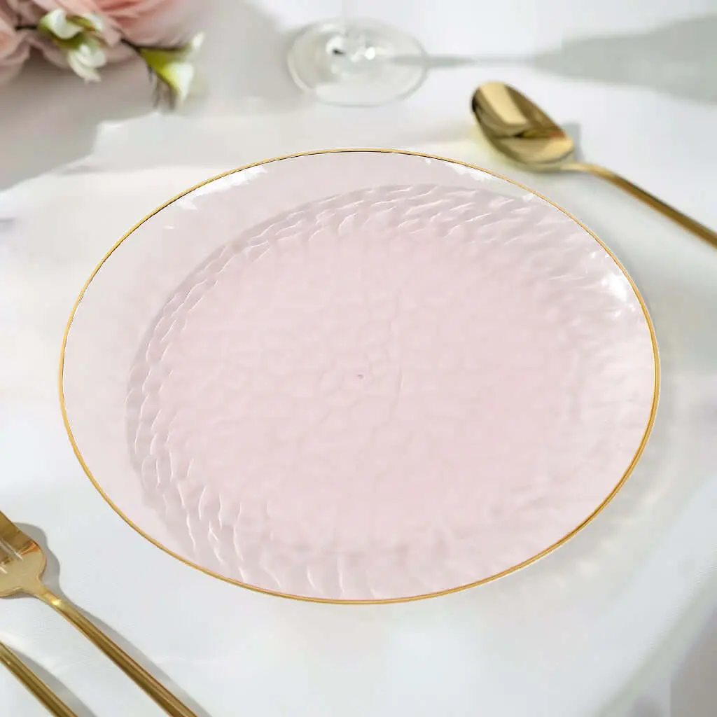 10-Pack Disposable Dinnerware Plastic 9" Round Blush Pink Hammered Transparent Plates with Gold Rim - Elegant Glamorous Options for Party Meals, Modern Picks for Upscale Guests
