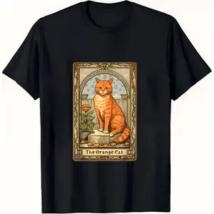 Orange Cat Meme Tarot Card T-shirt fun cotton T-shirt gift for men women dad mom friends large sizes 1XL 5XL black 180g fabric weight