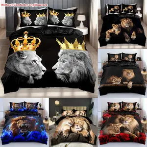 3-piece Crown Lion King and Queen Leopard print duvet cover set (1 duvet cover+2 pillowcases, without core), Valentine's Day soft and comfortable Decorative duvet cover, suitable for bedroom and guest room home decoration