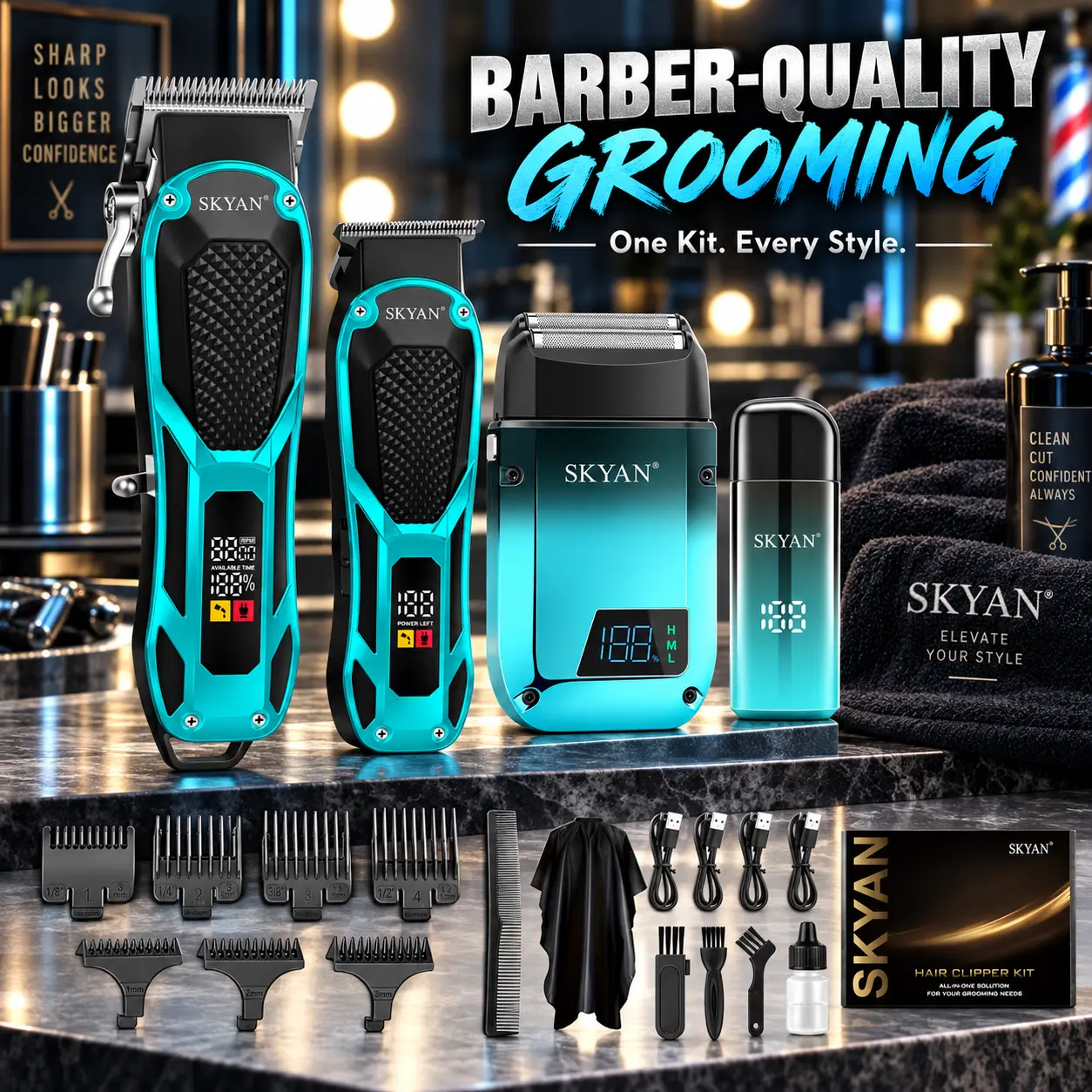 SKYAN 4-IN-1 Men's Grooming Kit, Professional Hair Clippers for Men with 7500RPM Motor, Cordless Hair Clipper Set with LED Display, T-Blade Trimmer, Foil Shaver & Nose Trimmer accessory barber