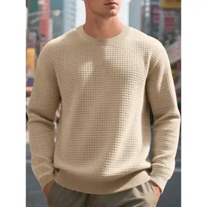 Men’s White Waffle Knit Sweater, crew neck and long sleeves, soft breathable cotton blend for spring and autumn casual wear—office and daily use, slim fit, ribbed cuffs/hem, thermal texture