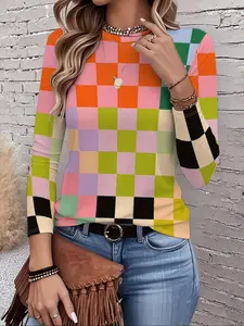 High-Quality Women's Plaid Patchwork Geometric Long Sleeve T-Shirt, Elastic Comfort Fit, Spring Summer Fall Winter, Party Casual Style