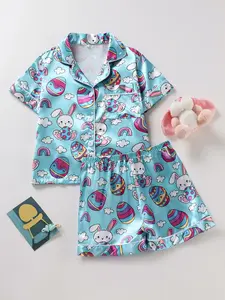 Girls' Sleepwear Set Blue Egg Rabbit Print, Satin Fabric Short Sleeve Top & Elastic Shorts, All Seasons Cute Home Wear, Collared Pajama Set