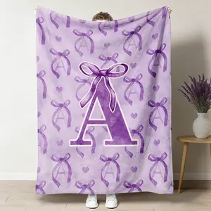 Custom Letter A To Z Flannel Blanket, Purple Bow Soft Throw Gift For Her, Cozy Warm For Sofa Bed Travel, Birthday Valentine Gift For Girlfriend Bestie, Personalized Initial Keepsake Decor