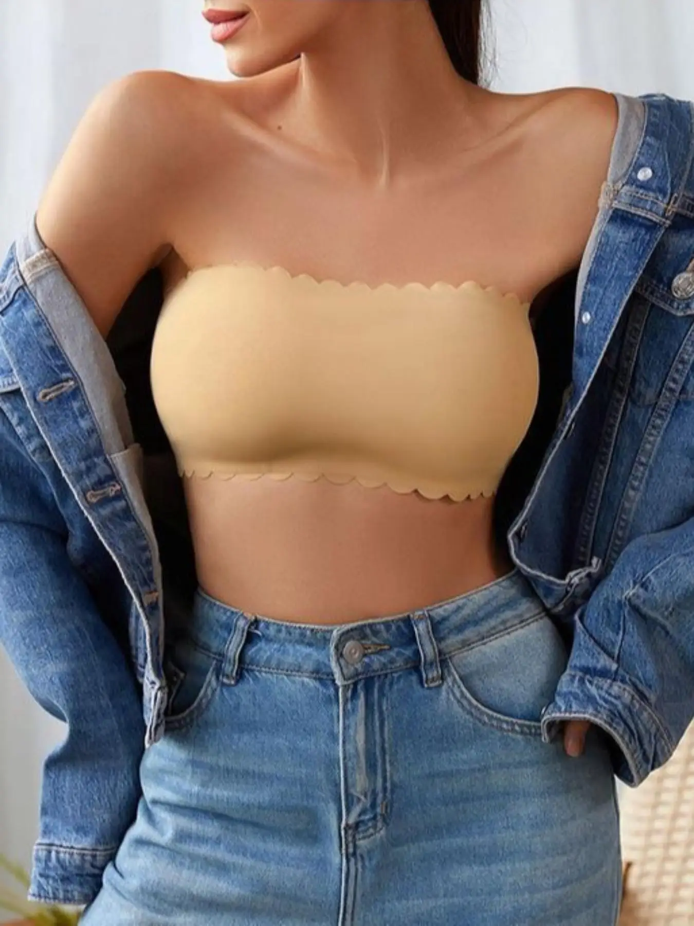 Women's Plain Scallop Trim Wireless Bandeau Push Up Bra, Strapless Bra, Solid Color Anti-slip Soft Comfortable Breathable Tube Lingerie Top for Daily