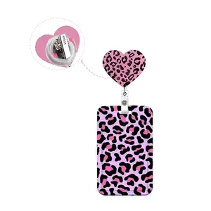 Cute Leopard Print Heart ID Badge Holder, Retractable Badge Reel, Rotating Clip, Nurse ID Card Case, Office Gift for Women, Office Supplies, Nursing Students