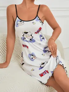 Women's Sleep Dress, Round Neck Sleeveless Cute Printed Milk Silk Pajamas, Comfortable Home Wear, Soft and Cozy Nightwear, Perfect for Relaxing at Home, Loungewear