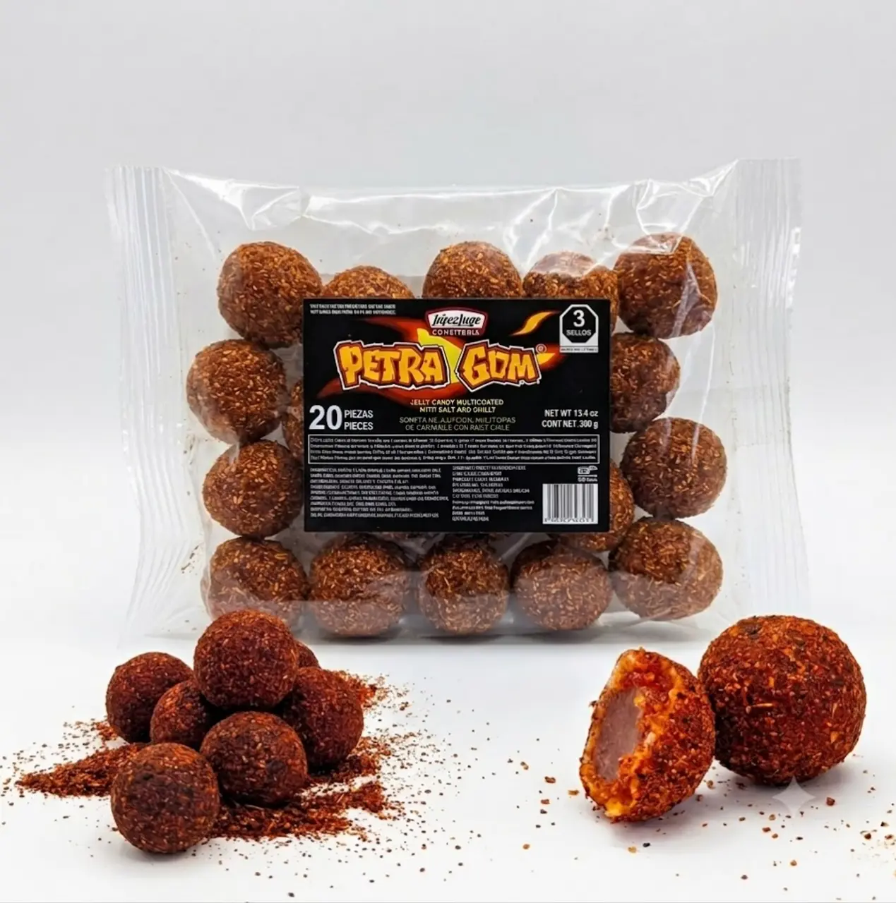 Petra Gom Jelly Candy - Multicoated with Chili Coating, Salty & Savory Flavor, 20 Pieces in Plastic Bag, Ideal for Sweets and Desserts Snacks