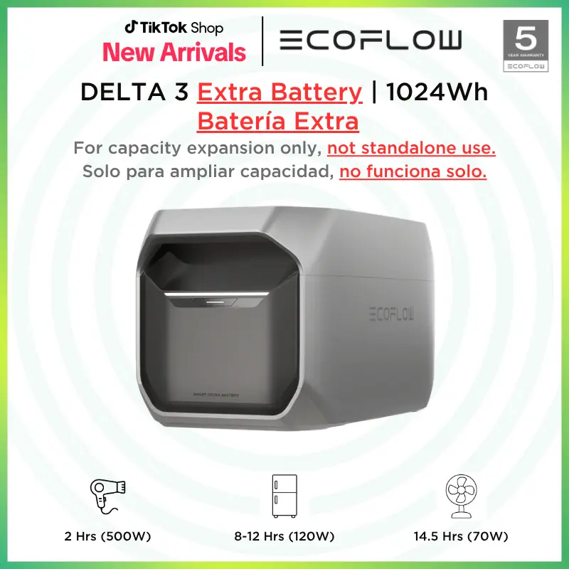 EF ECOFLOW Delta 3 Series Smart Extra Battery, 1024Wh LiFePO4 Expansion  Battery for Power Station Delta 2/Delta 3/Delta 3 Plus/Delta 3 1500 -  TikTok Shop