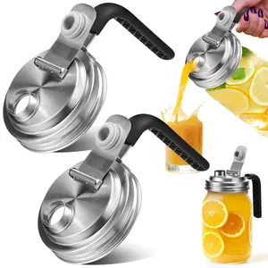 2PC Stainless Steel Mason Jar Lids With Handle, Wide Mouth Pour Spout Caps, Flip-Top Leakproof Sealing Lids For Cold Brew Coffee, Sun Tea & Breast Milk Storage