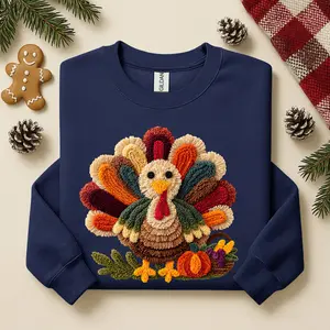 Faux Embroidery Turkey Gildan Sweatshirt, Cute Women's Thanksgiving Shirt Cotton Fabric