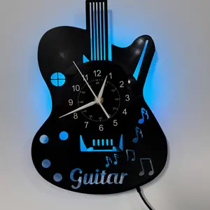 LED Guitar Wall Clock Silent Vinyl Record Decor for Men Women Music Teacher Enthusiast Ideal Gift for Birthday Christmas Home Bar Cafe (Battery Not Included)