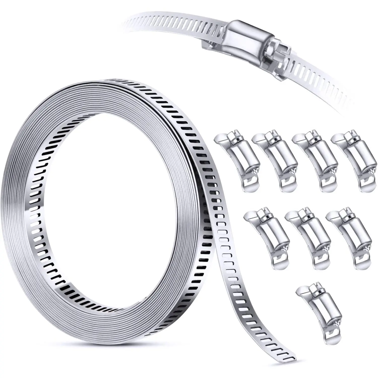 GJANSH 304 Stainless Steel Hose Clamp Assortment Kit DIY, Cut-To-Fit 12 FT Metal Strap+8 Stronger Fasteners,Large Adjustable Worm Gear Band Hose Clamps Screw Clamps Duct Pipe Metal Clamp Strapping