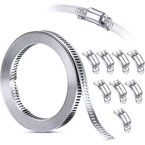 304 Stainless Steel Hose Clamp Assortment Kit DIY, Cut-To-Fit 12 FT Metal Strap+8 Stronger Fasteners,Large Adjustable Worm Gear Band Hose Clamps Screw Clamps Duct Pipe Metal Clamp Strapping