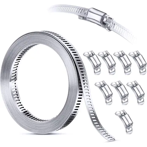 GJANSH 304 Stainless Steel Hose Clamp Assortment Kit DIY, Cut-To-Fit 12 FT Metal Strap+8 Stronger Fasteners,Large Adjustable Worm Gear Band Hose Clamps Screw Clamps Duct Pipe Metal Clamp Strapping