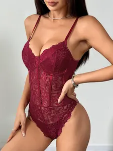 Women's Floral Lace Sheer Cami Bodysuit, Fashion Comfortable Fit Cami Bodysuit, Women's Shapewear for Daily Wear Piece, Womenswear
