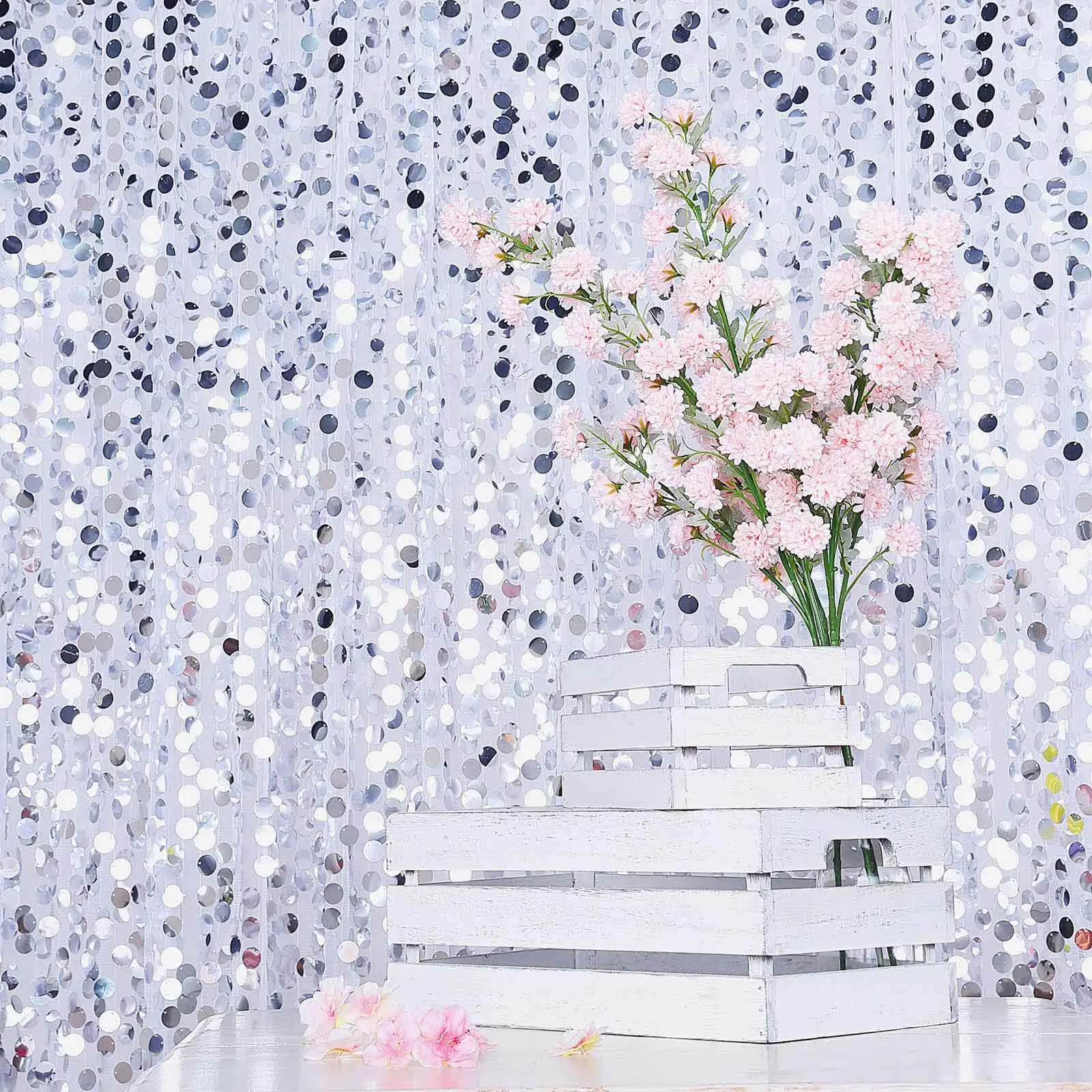 8ftx8ft Silver Big Payette Sequin Event Curtain Drapes, Silver Festive Backdrops & Banners for Wedding, Event Backdrop Panel, Event Decor
