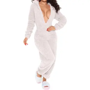 Womans Warm Fuzzy Hooded Romper Pants Pajamas Playsuit Jumpsuit