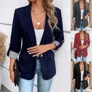 New2025 new fashionable casual button up suit slim fit seven quarter rolled sleeve suit jacket for women