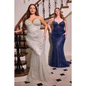 Ladivine CC398C Women's Sleeveless Beaded Fitted Corset Formal Dress - Soft Smooth Fabric, Blue Mesh, Plus Size Sequin Lace-Up Prom Gown