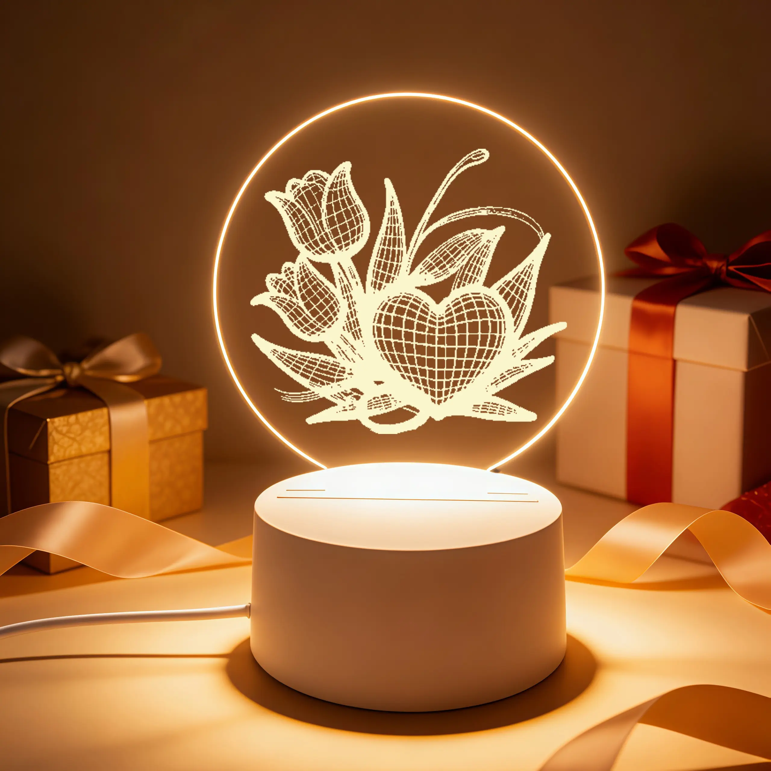 Tulip Heart Floral Wreath 2D Flat Round Acrylic Night Light, Flower Love Engraved LED Bedside Lamp, Valentine's Day Birthday Thanksgiving Christmas Gift for Women Her