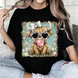 100 Percent Cotton Cute Animal Print T-Shirt With Highland Cow Wearing Heart Sunglasses And Bow Bubble Gum Spring Summer Wear For Women And Girls Gift Idea