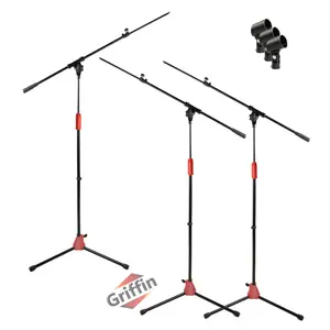 Microphone Stand (Pack of 3) with Telescopic Boom Arm by GRIFFIN | Mic Clip Adapter Tripod Folding Legs | Adjustable Holder Mount For Studio Recording Accessories, Singing Vocal Karaoke, Live Stage DJ