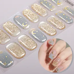 16 Tips Shiny Semi-Cured Gel Nail Strips, Gel Nail Stickers, Sparkling Star Moon Self-Adhesive Full Set, UV Lamp Required, Easy Apply and Remove, DIY Nail Art