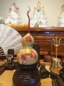 Natural Gourd, Colorful Sand Koi Fish, Attracting Wealth and Fortune, Ensuring Peace and Safety, Handcrafted,  Cloisonné Craftsmanship, Decorative, with Base. Feng Shui Ornament.