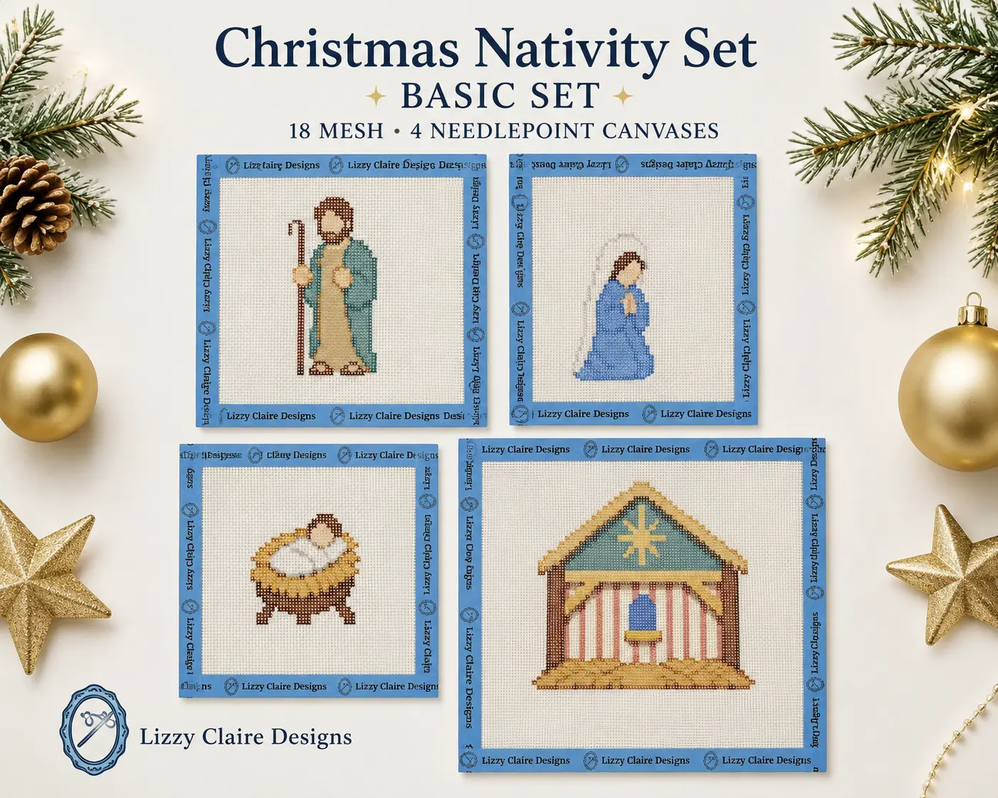 Christmas Nativity Set - Basic Set - 18 mesh - 4 Needlepoint Canvases