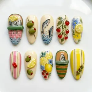 Mediterranean Market Press-On Nails, Lemon Olive & Sardine Design, Cherry Tomato Accents, Italian Summer Food Inspired Handmade Nails